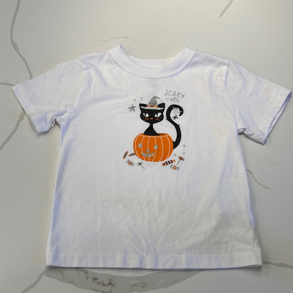 Wonder Nation Halloween black cat pumpkin white short sleeve t-shirt size 3 🎃🖤